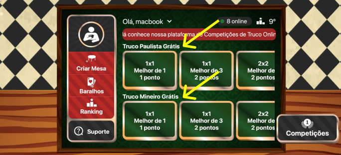 Exemplo de como jogar as mesa de truco públicas com jogadores de todo Brasil