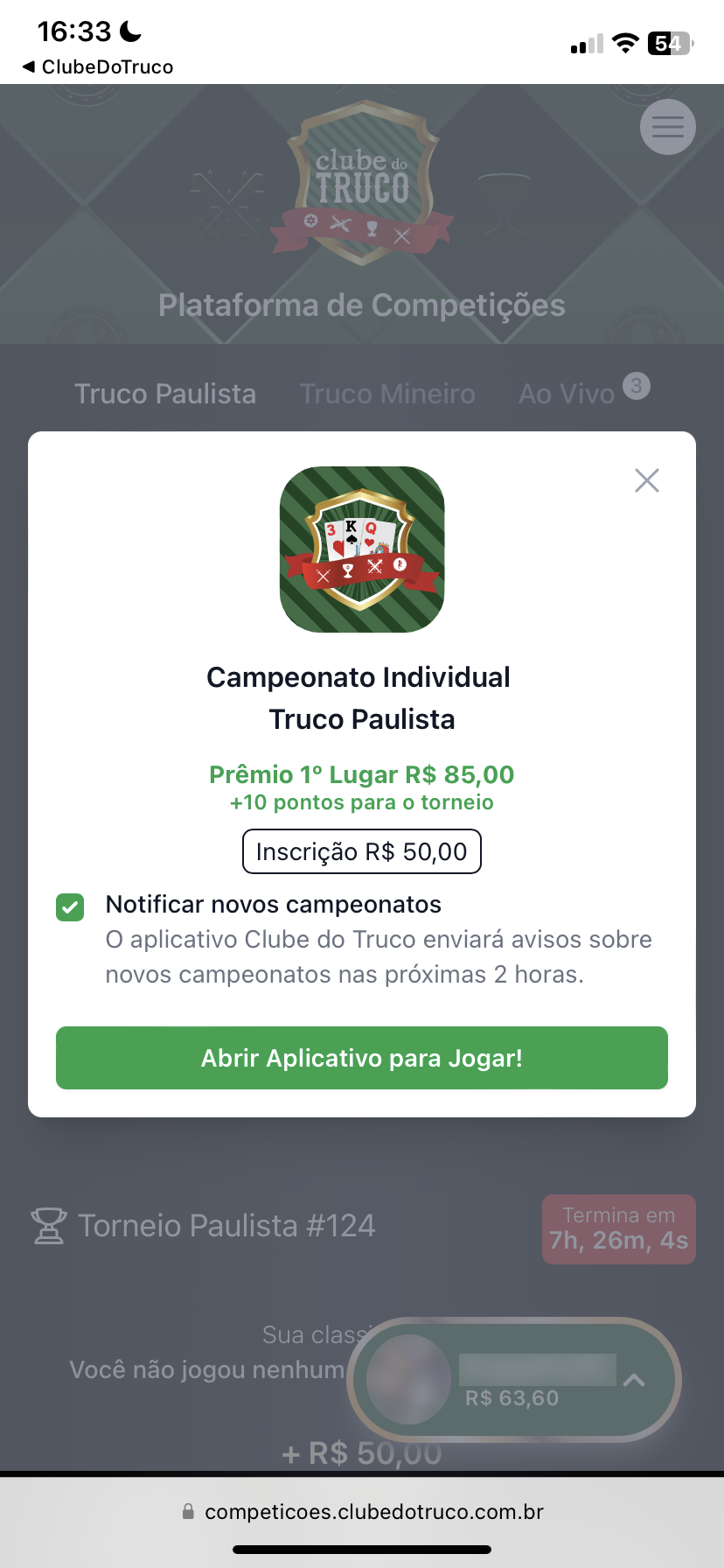 Detalhes do campeonato de truco