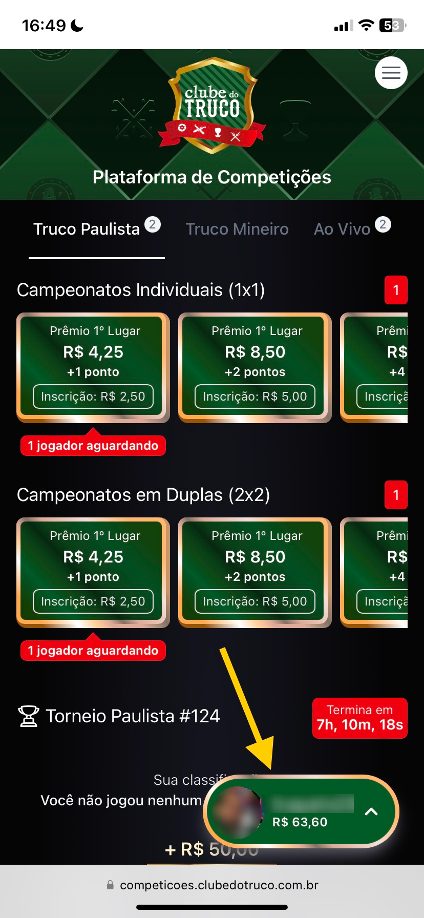 Tela de vitória no campeonato de truco